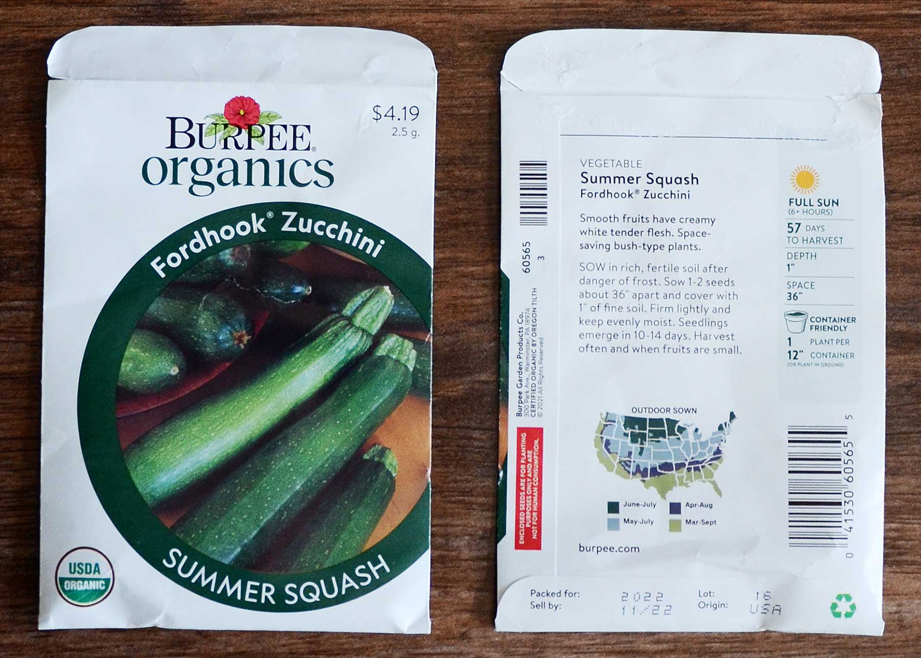 Burpee Organics Seed Packet, Fordhook Zucchini.